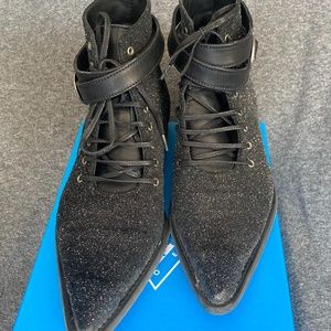 Fluevog Donita Swordfish - low boot with ankle strap- black glitter - women’s 8